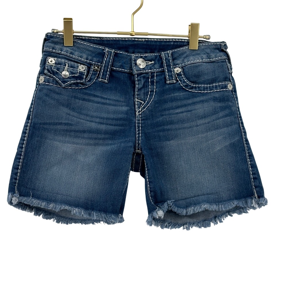 True Religion Womens Mid Cut Off‎ Denim Shorts Size 26 Frayed Hem Y2K - Picture 2 of 11